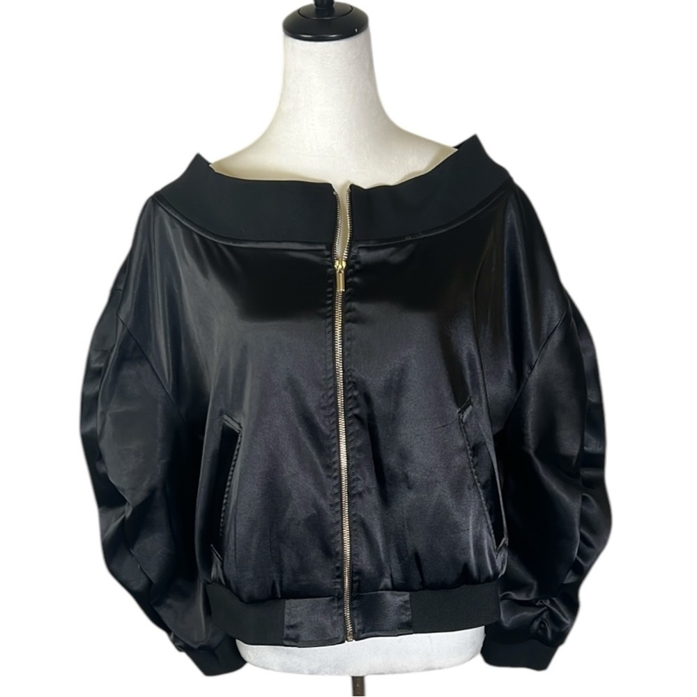 Gabrielle Union NY & Co. Black Satin Off the Shoulder Bomber Jacket (M) EUC